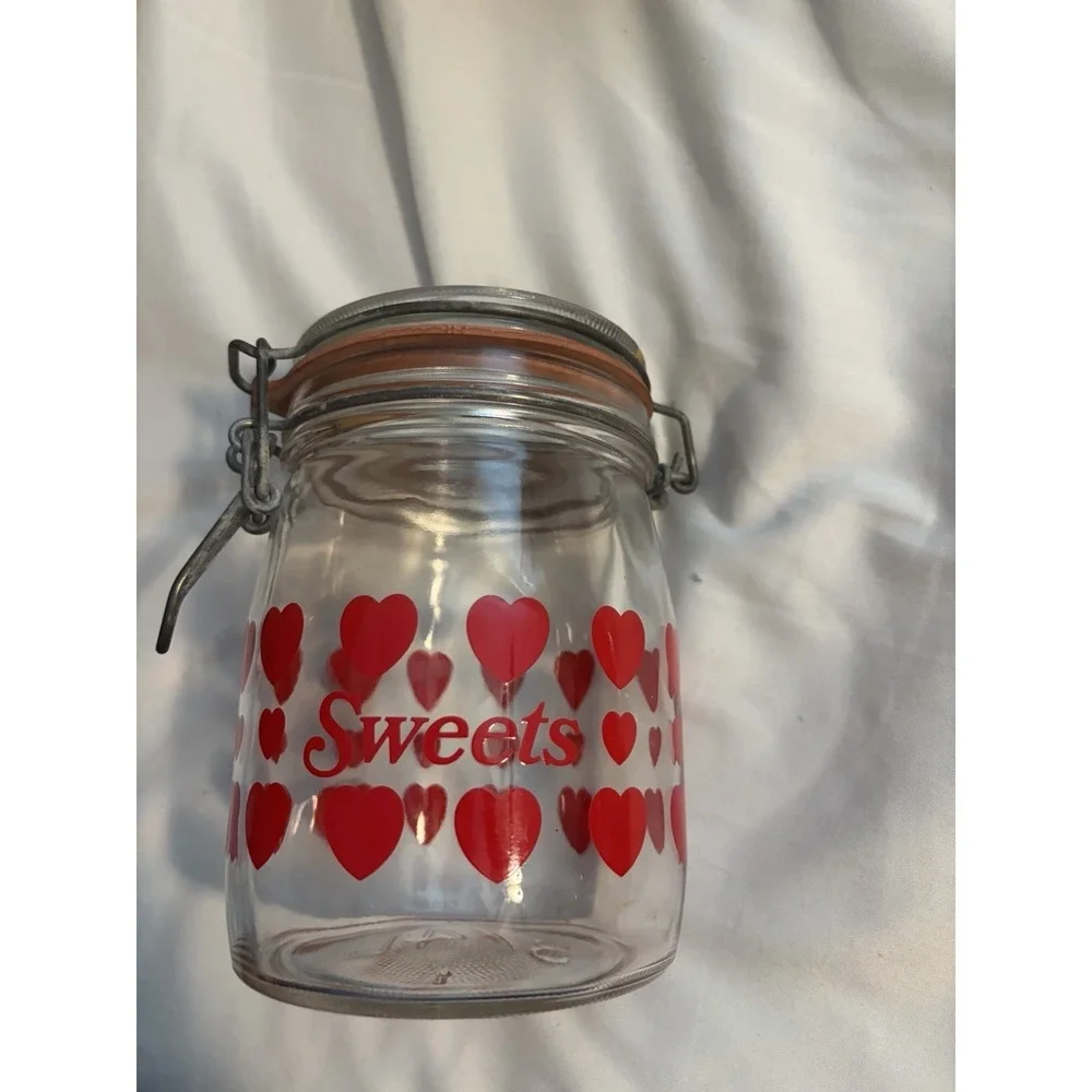 Glass Sweets Jar Vintage Heart‎ Pattern Red Bale Wire Lid 5.5in